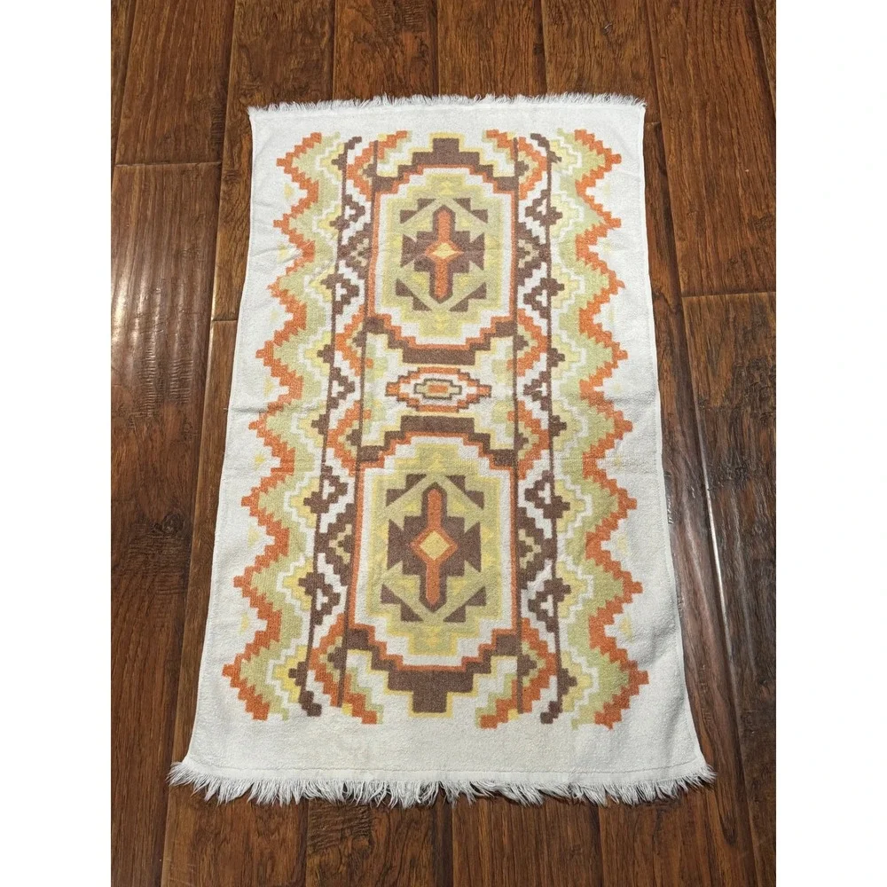 Vintage Southwest Bath Towels Pair Aztec Western Fringe Brown Rust 22x40 Retro 2